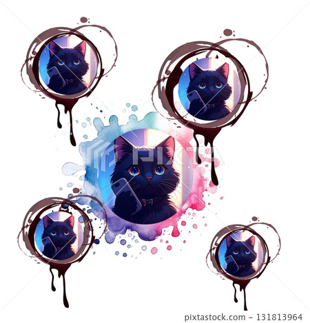 [Cat character] Black cat talking on smartphone 131813964