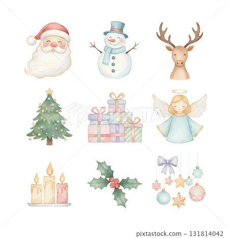 一組溫暖的手繪聖誕圖示和插圖 131814042
