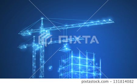 Construction. Polygonal wireframe building under crune on dark blue night sky with dots, stars. Construction. Polygonal wireframe building under crune on dark blue night sky with dots, stars. 131814082