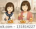 姊妹倆在餐廳吃炸牡蠣 131814227