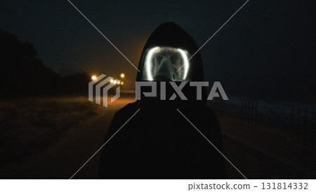 A Worrying Mysterious Man The Night Radiation With Gas Mask After The Explosion 131814332