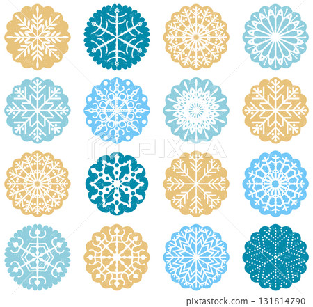 Blue and gold vector circle snowflake tags or stickers for Christmas designs Blue and gold vector circle snowflake tags or stickers for Christmas designs 131814790