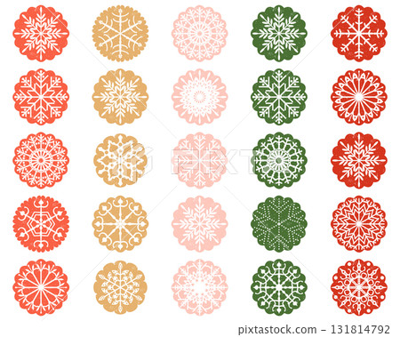 White Snowflake Ornaments in Color Scalloped Circles White Snowflake Ornaments in Color Scalloped Circles 131814792