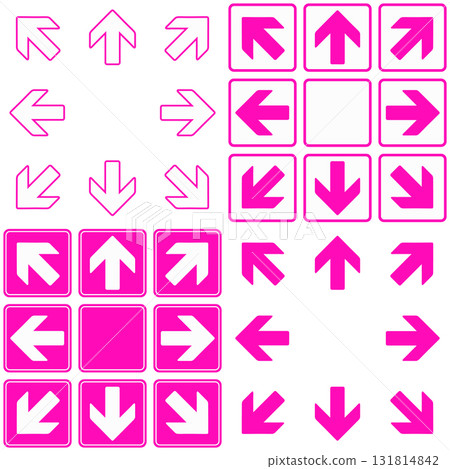 Set of 4 simple eight-way arrow icons in magenta Set of 4 simple eight-way arrow icons in magenta 131814842