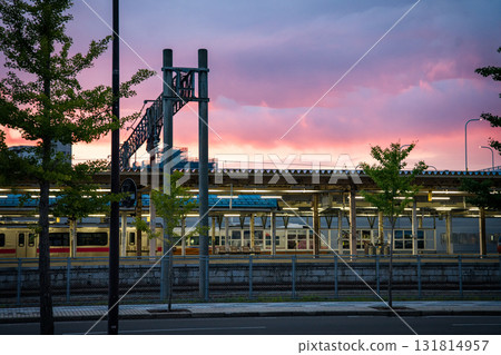 Aomori street and train station at sunset, in Japan Aomori street and train station at sunset, in Japan 131814957