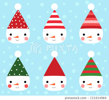 Cute snowmen faces with red and green hats for Christmas decor 131814969