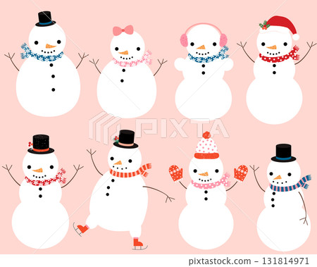 Cute snowman characters with winter scarves, hats and mittens for Christmas and New Year greeting cards and designs Cute snowman characters with winter scarves, hats and mittens for Christmas and New Year greeting cards and designs 131814971