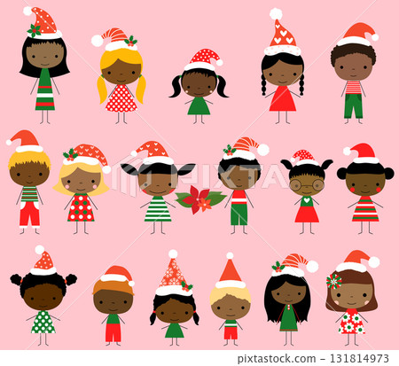 Cute African American vector stick figures in red and green Christmas costumes with Santa hats Cute African American vector stick figures in red and green Christmas costumes with Santa hats 131814973