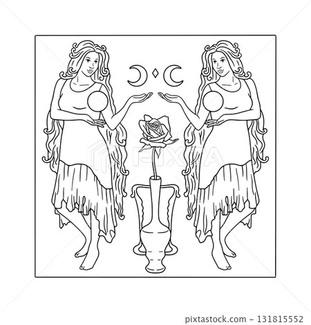 Art nouveau style woman with very long hair holding sun and moon hand drawn monochrome adult coloring book page 131815552