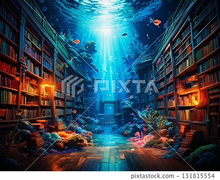 A fantastical library illustration sinking into the deep sea 131815554