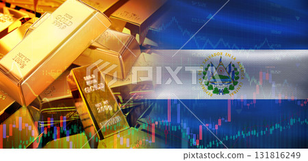 Gold bars stacked on Salvadoran flag. El Salvador gold reserves, Concept Gold bars stacked on Salvadoran flag. El Salvador gold reserves, Concept 131816249