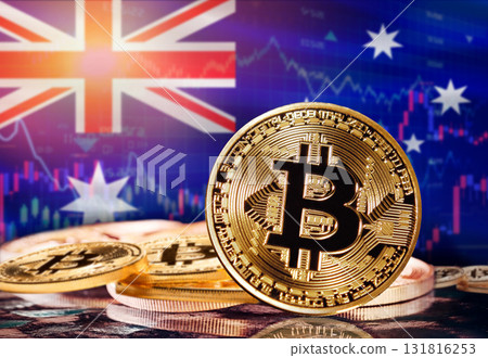 Bitcoin with Australia flag in the background. Investors in cryptocurrency and Blockchain Technology in Australia, Concept Bitcoin with Australia flag in the background. Investors in cryptocurrency and Blockchain Technology in Australia, Concept 131816253