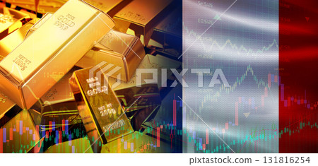 Gold bars stacked on French flag. France gold reserves, Concept Gold bars stacked on French flag. France gold reserves, Concept 131816254