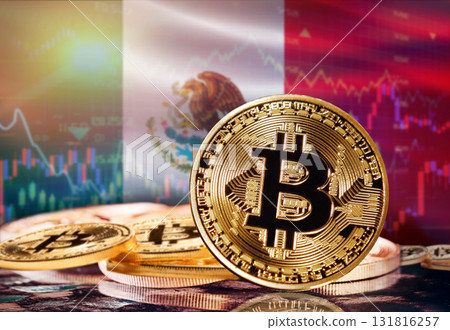 Bitcoin with Mexico flag in the background. Investors in cryptocurrency and Blockchain Technology in Mexico, Concept 131816257