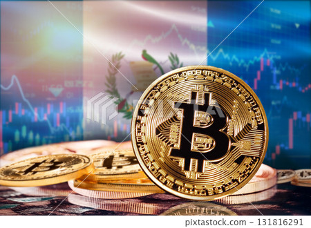 Bitcoin with Guatemala flag in the background. Investors in cryptocurrency and Blockchain Technology in Guatemala, Concept 131816291