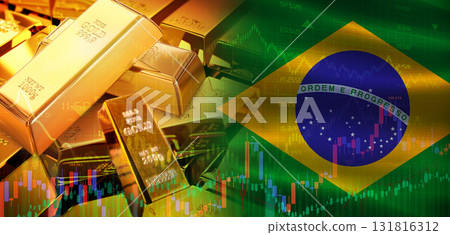 Gold bars stacked on Brazilian flag. Brazil gold reserves, Concept Gold bars stacked on Brazilian flag. Brazil gold reserves, Concept 131816312