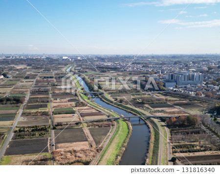 Aerial view of autumn scenery of Minuma rice fields in Saitama Prefecture, Minuma Ward, Saitama City Aerial view of autumn scenery of Minuma rice fields in Saitama Prefecture, Minuma Ward, Saitama City 131816340
