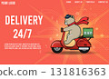Express delivery by Bear ridding scooter with parcel box. Online delivery service concept 131816363