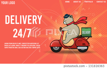 Express delivery by Bear ridding scooter with parcel box. Online delivery service concept Express delivery by Bear ridding scooter with parcel box. Online delivery service concept 131816363