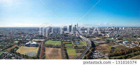 Aerial view of the Minuma rice fields in Saitama Prefecture, autumn scenery, Saitama City 131816374