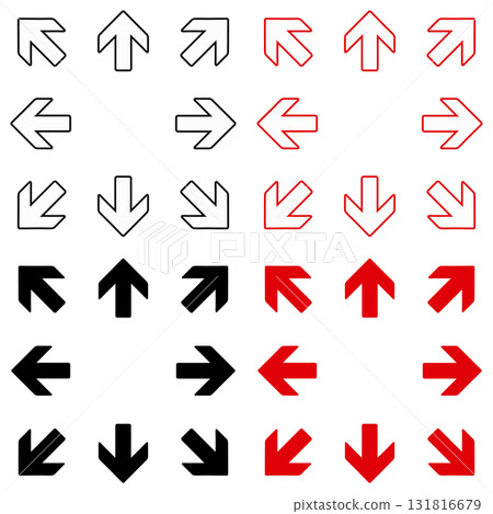 Simple arrow icon set in eight directions, two colors: black and red Simple arrow icon set in eight directions, two colors: black and red 131816679