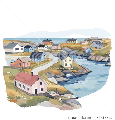 Fogo Island. Fogo Island hand drawn watercolor illustration 131816699