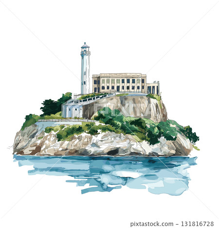 Alcatraz Island. Alcatraz Island hand drawn watercolor illustration 131816728