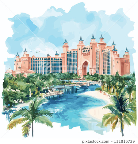 Atlantis Resort. Atlantis Resort hand drawn watercolor illustration 131816729