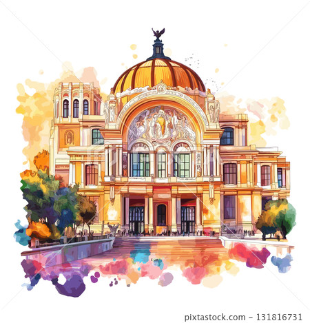 Bellas Artes Palace. Bellas Artes Palace hand drawn watercolor illustration 131816731