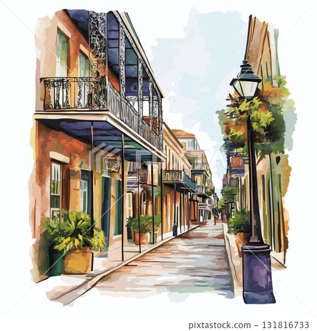 Bourbon Street. Bourbon Street hand drawn watercolor illustration Bourbon Street. Bourbon Street hand drawn watercolor illustration 131816733