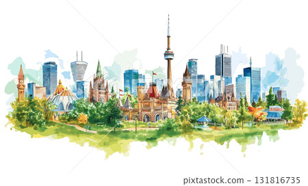 Canada's Wonderland. Canada's Wonderland hand drawn watercolor illustration 131816735