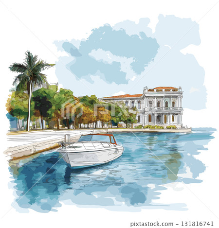 Cienfuegos Bay. Cienfuegos Bay hand drawn watercolor illustration 131816741