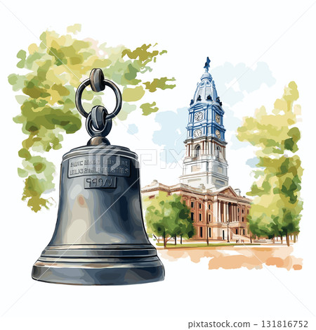 Independence Hall and Liberty Bell. Independence Hall and Liberty Bell hand drawn watercolor illustration 131816752
