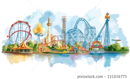 Six Flags Great Adventure. Six Flags Great Adventure hand drawn watercolor illustration 131816775
