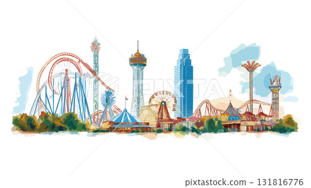 Six Flags Over Texas. Six Flags Over Texas hand drawn watercolor illustration 131816776
