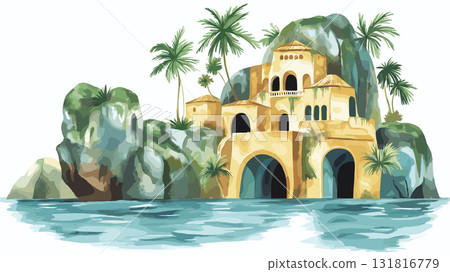 The Baths in Virgin Gorda. The Baths in Virgin Gorda hand drawn watercolor illustration 131816779