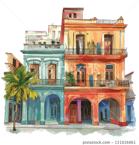 Havana Old Town. Havana Old Town hand drawn watercolor illustration Havana Old Town. Havana Old Town hand drawn watercolor illustration 131816861