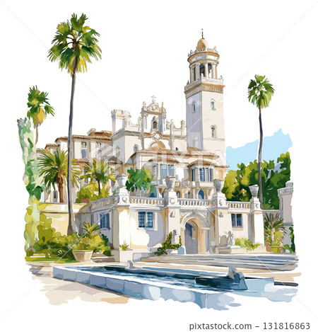 Hearst Castle. Hearst Castle hand drawn watercolor illustration 131816863