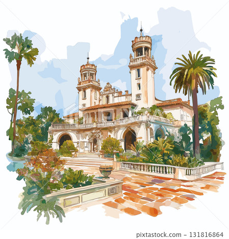Hearst Castle. Hearst Castle hand drawn watercolor illustration 131816864