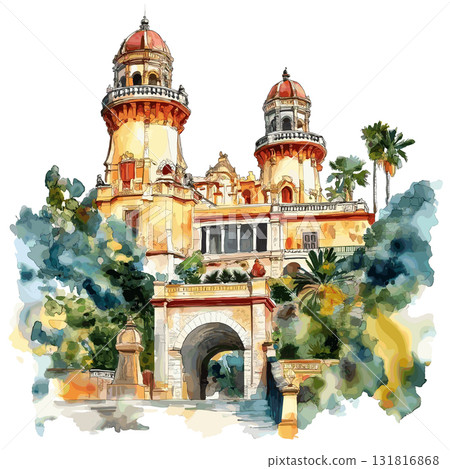 Chapultepec Castle. Chapultepec Castle hand drawn watercolor illustration 131816868