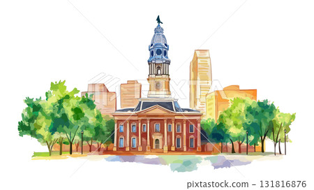 Independence Hall and Liberty Bell. Independence Hall and Liberty Bell hand drawn watercolor illustration 131816876