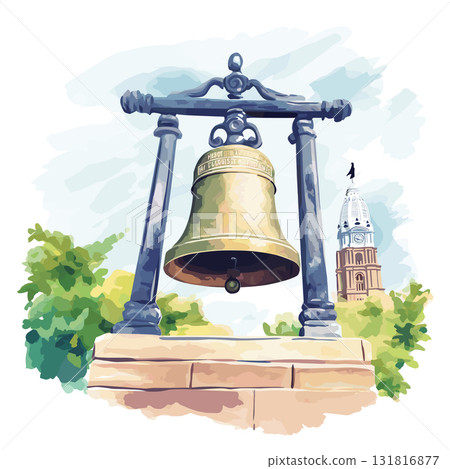 Independence Hall and Liberty Bell. Independence Hall and Liberty Bell hand drawn watercolor illustration 131816877