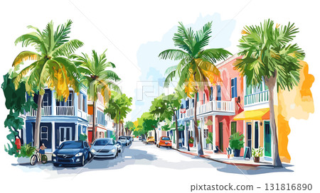 Key Wests Duval Street. Key West Duval Street hand drawn watercolor illustration Key Wests Duval Street. Key West Duval Street hand drawn watercolor illustration 131816890