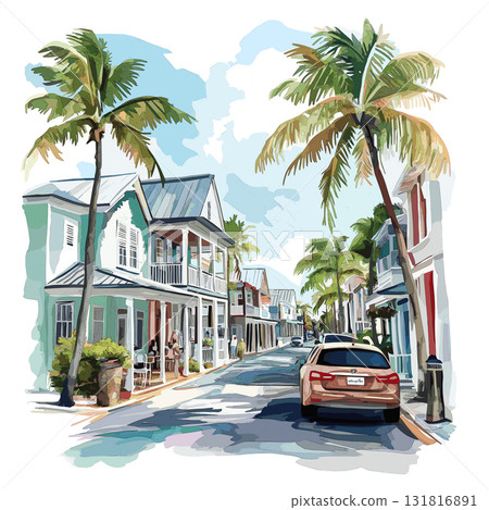 Key Wests Duval Street. Key West Duval Street hand drawn watercolor illustration Key Wests Duval Street. Key West Duval Street hand drawn watercolor illustration 131816891