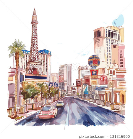 Las Vegas Strip. Las Vegas Strip hand drawn watercolor illustration 131816900