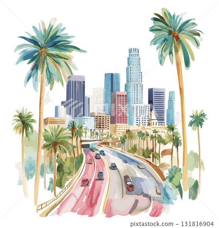 Los Angeles. Los Angeles hand drawn watercolor illustration Los Angeles. Los Angeles hand drawn watercolor illustration 131816904