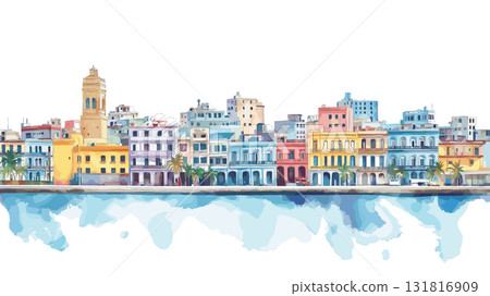 Malecon. Malecon hand drawn watercolor illustration 131816909