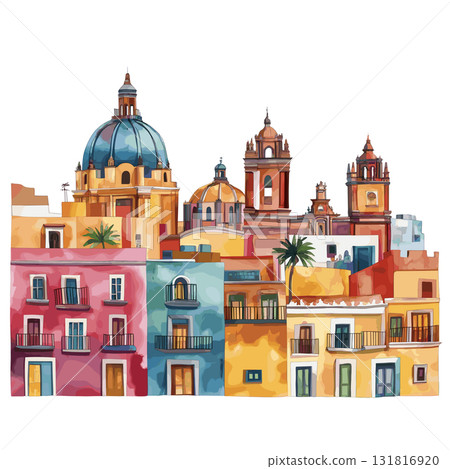 Mexico City Historic Centre. Mexico City Historic Centre hand drawn watercolor illustration 131816920