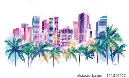 Miami. Miami hand drawn watercolor illustration Miami. Miami hand drawn watercolor illustration 131816922