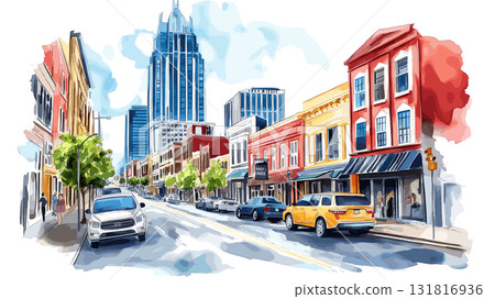 Nashville's Broadway and Music Row. Nashville's Broadway and Music Row hand drawn watercolor illustration 131816936